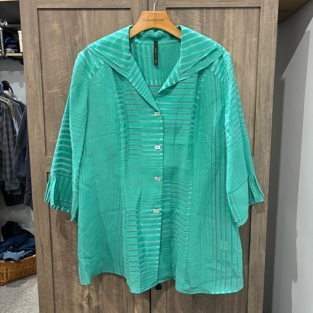IC By Connie K XL Top Semi Sheer Striped Button Down Shirt Green